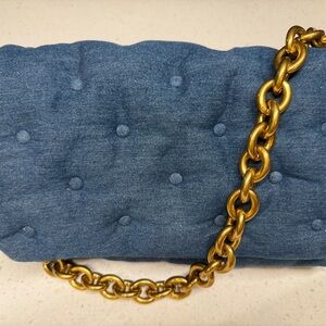 Zara Denim Blue Quilted Shoulder Bag with Gold Chain
